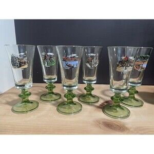 Cities Of Italy- Set of 6 Green Liquor Cocktail Glasses Venezia Roma Firenze